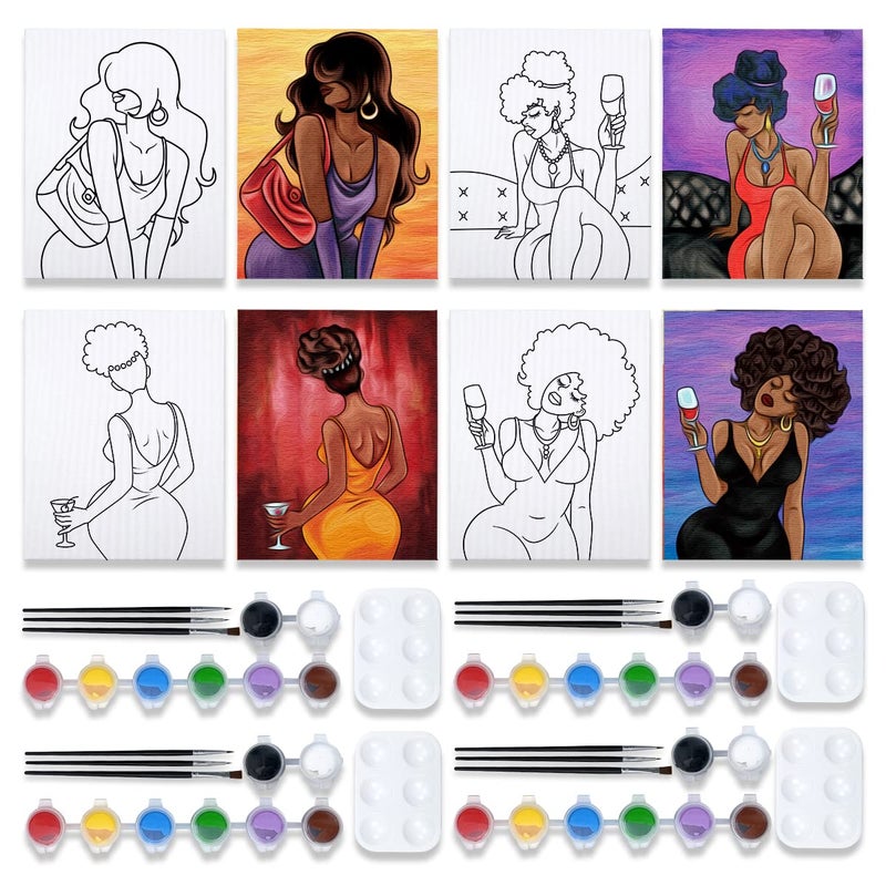 VOCHIC 4 Pack Canvas Painting Kit Pre Drawn Canvas for Painting for Adults Party Kits Paint and Sip Party Supplies 8x10 in 8 Acrylic Colors 3 Brush 1 Pallet Chic Girl Art Set - Image 1